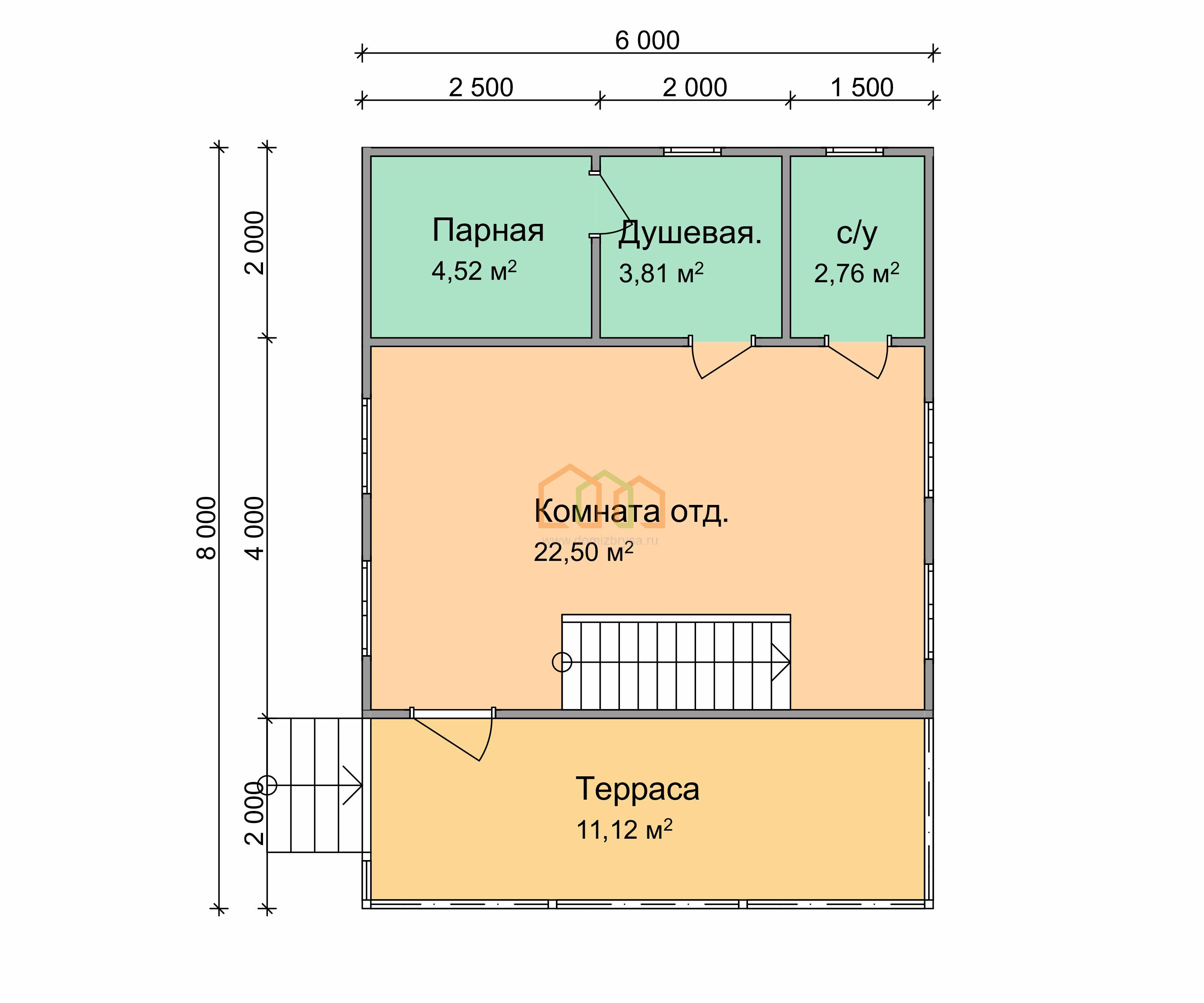 Баня из бруса с мансардой Меркурий - 4 6x8 Площадь: 72 м² с террасой под  ключ в Самаре