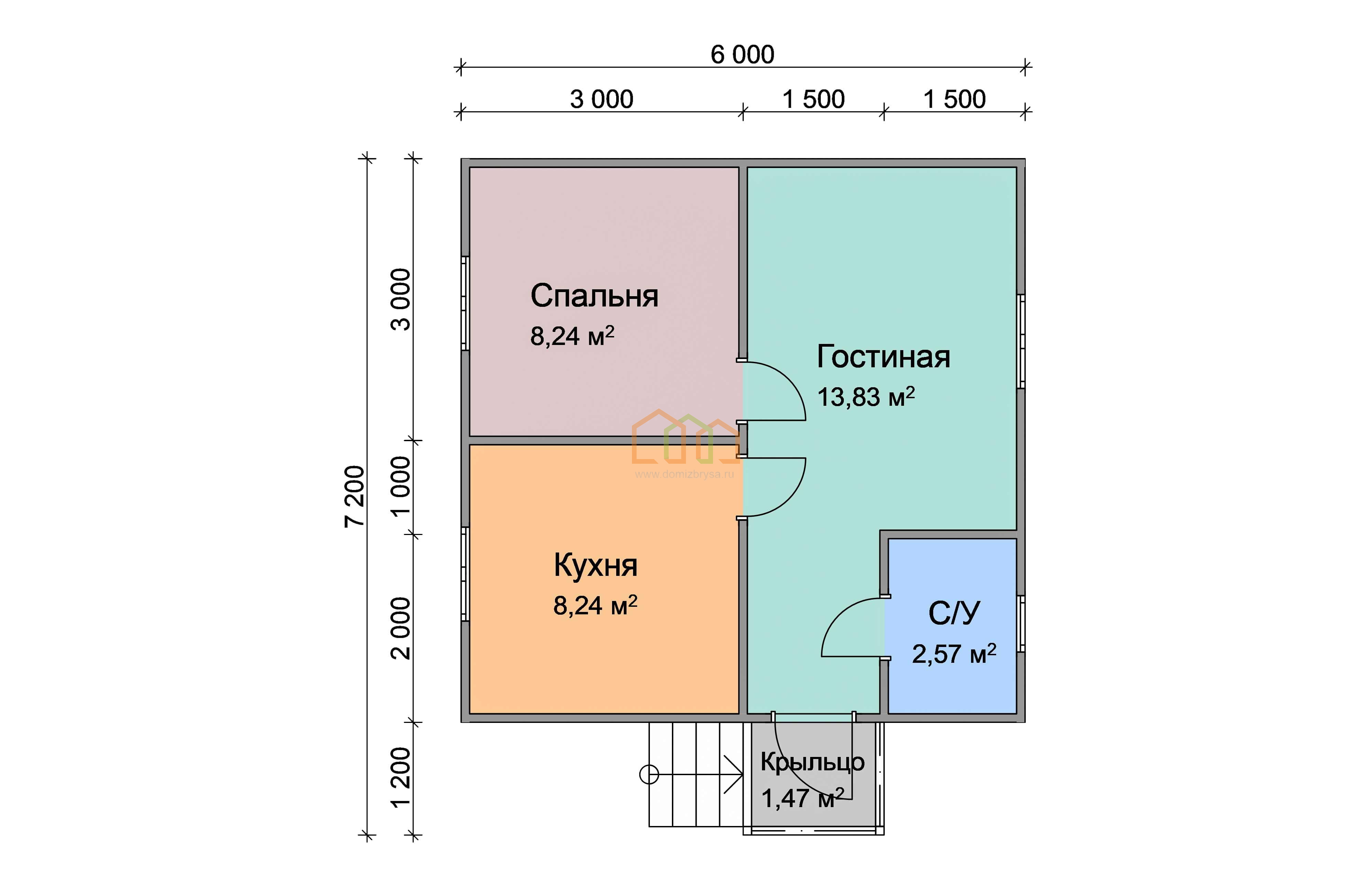 Дом из бруса одноэтажный 6х6 купить в Самаре цена 819500, площадь: 39 м2,  Брус 90х140 мм. с крыльцом